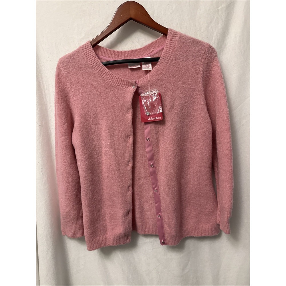 Xhilaration Womens XL Pink Cardigan Sweater Rhinestone Buttons Soft Knit Y2K